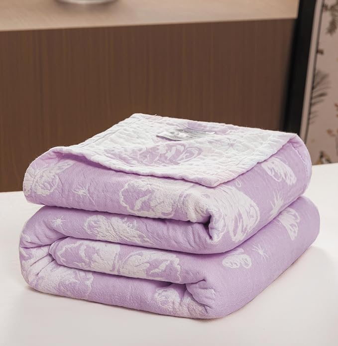 MEJU Dream Butterfly Violet Gentle Girls Muslin All Season Blanket for Bed Sofa Couch, 100% Combed Cotton 3 Layer Cozy Throw Blanket Bed Cover Quilt Purple Butterfly Full Queen 80 in x 90 in