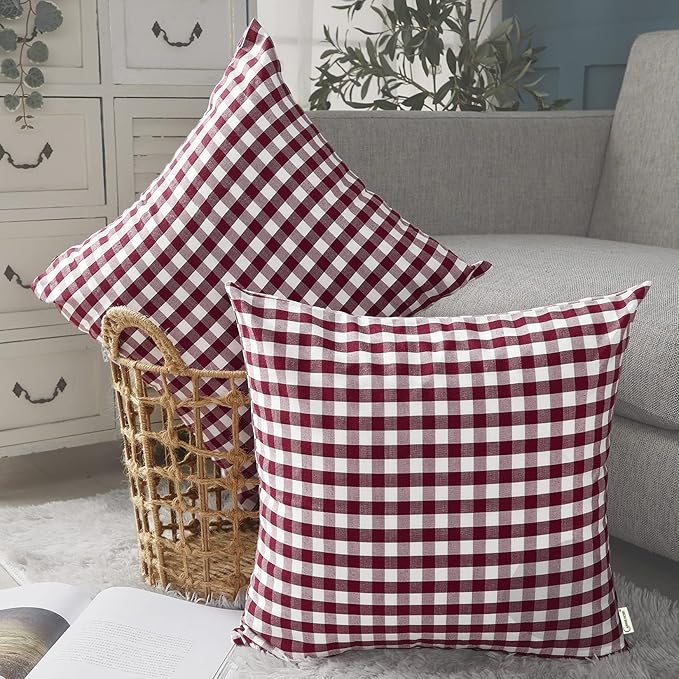 CARRIE HOME Red Plaid Throw Pillow Covers 18 x 18 Set of 2 Burgundy Gingham Pillow Covers 18x18 Christmas Decor for Bedroom
