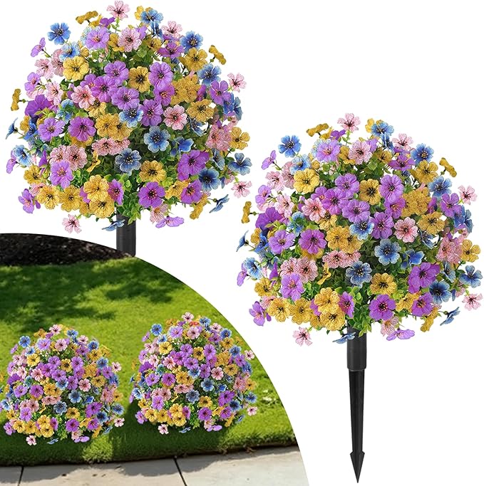 Alupssuc 2Pcs 20" Artificial Topiary Ball Flowers for Outdoors, Spring Decoration with Spike, UV Resistant Faux Summer Plants, Fake Bushes Indoor Decor, Mix 4 Colors for Garden, Porch, Home & Patio