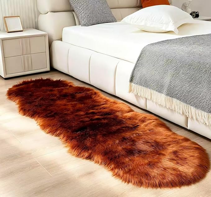 Faux Fur Sheepskin Runner Rug Caramel 2x6 ft Ultra Soft Shaggy Plush Fluffy Fuzzy Area Carpet Decorative Chair Cover Floor Mat for Bedroom Sofa Living Room Bedside