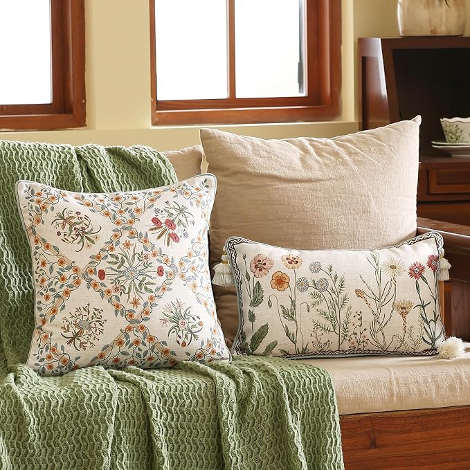 ISAENNE Designer Vintage Linen Throw Pillow Cover,18"x18"-Serenity B | French Elegant Square Decor Pillow Cover,Concealed Zipper Design,Colorful Floral Pattern,Sofa,Bedroom,Living Room,Chairs