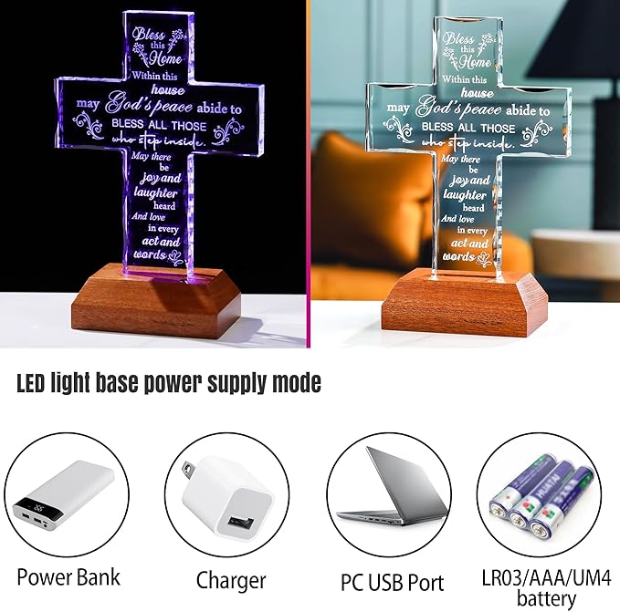 Ornalrist Housewarming Gifts New Home Glass Stand Cross Religious Keepsake with Multicolor LED Wooden Base, House Warming Gift for Couples, Women, Men - Christian Families Decor