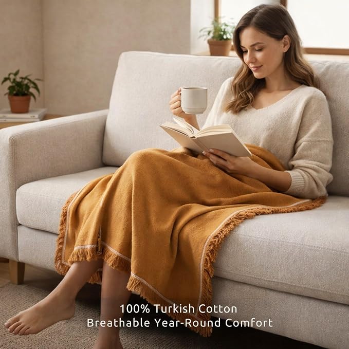 Odin Waffle Throw Blanket with Tassels, 50x66 Inch, 100% Turkish Cotton, Oeko-TEX Certified, Breathable Lightweight Throw for Couch, Sofa & Bed, Made in Turkey, Mustard