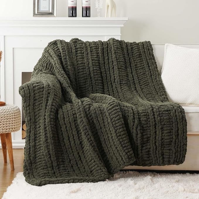 Battilo Chunky Knit Throw Blanket for Couch, 50"x60", Olive Green | Hand Knit, Gift Blanket, Cozy Warm Thick Soft Chenille Throw Blanket for Bed, Sofa, Living Room