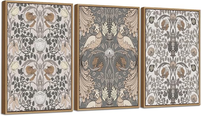 Large Retro Framed Wall Art - Natural Float Framed Vintage Flowers Canvas William Morris Painting Pictures Rustic Floral Pattern Prints Artwork for Living Room Bedroom Office Decor 72" X 36" Set of 3