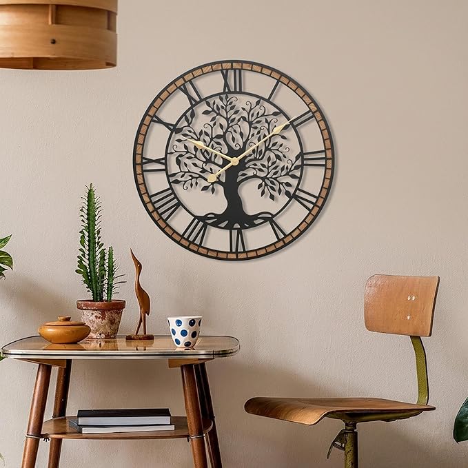 Micasso Farmhouse Large Wall Clock: 24Inch Rustic Tree of Life Metal with Wood Frame - Vintage Battery Operated Wall Clocks for Living Room/Office/Bedroom - Home Decor for Fashion-Conscious