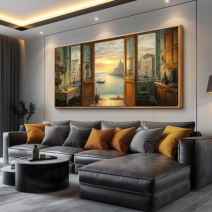 XIGUANGART Extra Large Framed Canvas Wall Art- Vintage Decor, Landscape Wall Art, Venice Grand Canal Art, Modern Farmhouse Decor, Cottagecore Living room Bedroom Bathroom Office Home Decorations