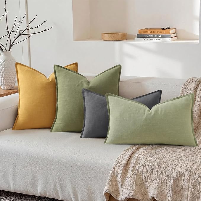 decorUhome Summer Decorative Linen Throw Pillow Covers 12x20 Inch Set of 2 Dark Grey Lumbar Pillow Covers with Flange Edges Soft Farmhouse Boho Accent Pillow Cases for Couch Bed Living Room