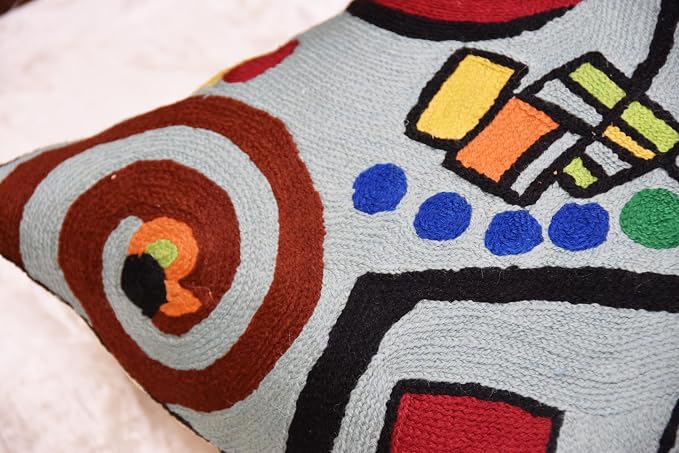Kandinsky Decorative Pillow Cover Coastal Hand Embroidered Abstract Toss Pillows Farmhouse Chair Cushion Contemporary Pillowsham Mid-Century Chair Cushions Wool Size 18x18