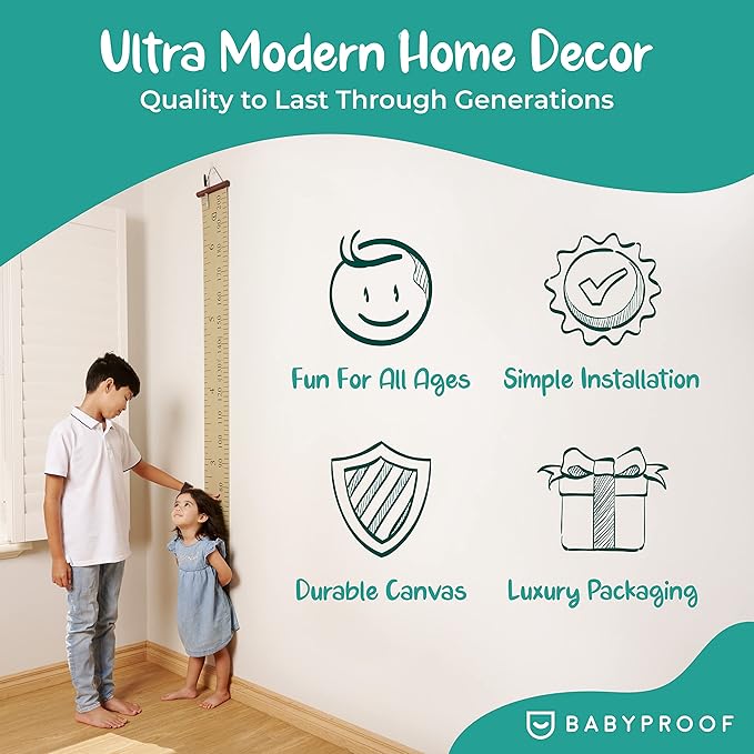 Growscroll Classic Kids Growth Chart for Wall - Unique Height Chart for Boys & Girls - Handcrafted Using Canvas & Hard Types of Wood - Great Collectible Or Family Heirloom - Khaki White Bars