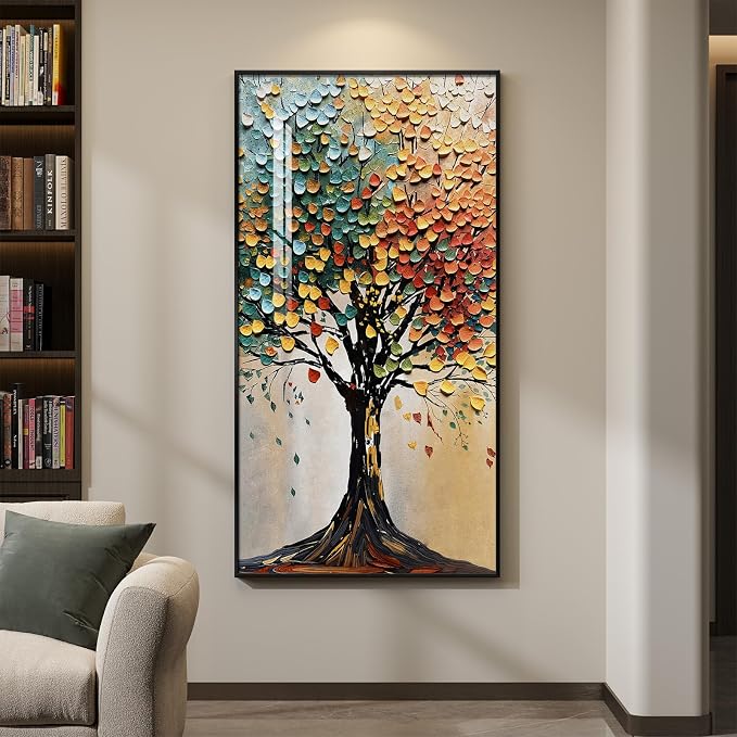 Large Framed Vertical Tree of Life Wall Art for Living Room, Modern Abstract Colorful Tree Painting Prints Artwork for Walls, Contemporary Luxury Pictures for Hallway Entryway Office Wall Decor, 30x60