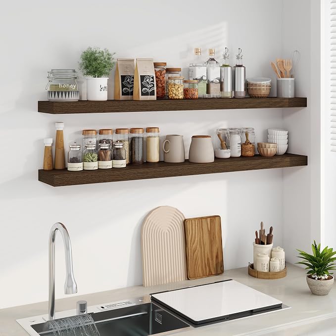 Fun Memories 55 Inch Fireplace Mantel - Long Floating Shelf, Wall Mounted Farmhouse Display with Invisible Heavy Duty Metal Bracket, 2 Pack, Walnut