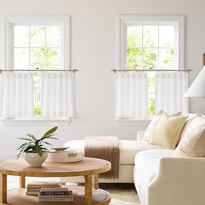 Vision Home White Pinch Pleated Tier Curtains 24 inch, Semi Sheer Kitchen Curtains with Back Tab & Hooks, Light Filtering Small Window Panels for Bathroom Laundry, 25" Wx24 Lx2