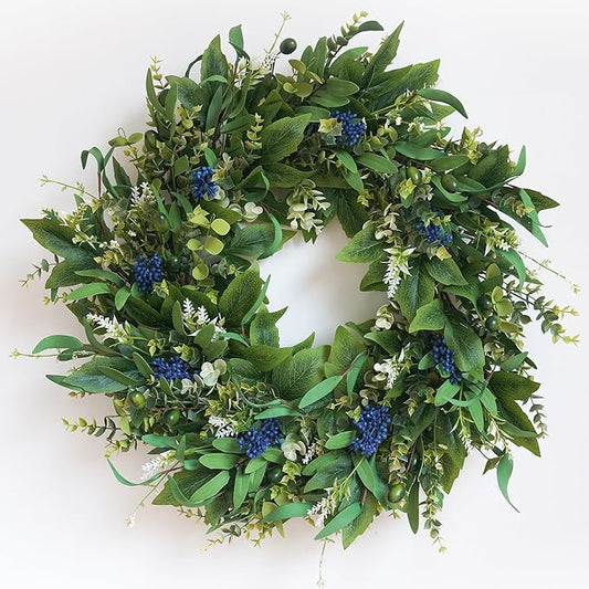HomeKaren Wreaths for Front Door 26", Door Spring Wreath with Eucalyptus Olive Boxwood Leaves, Greenery Wreath Door Decoration for Spring Summer All Season Home and Outdoor