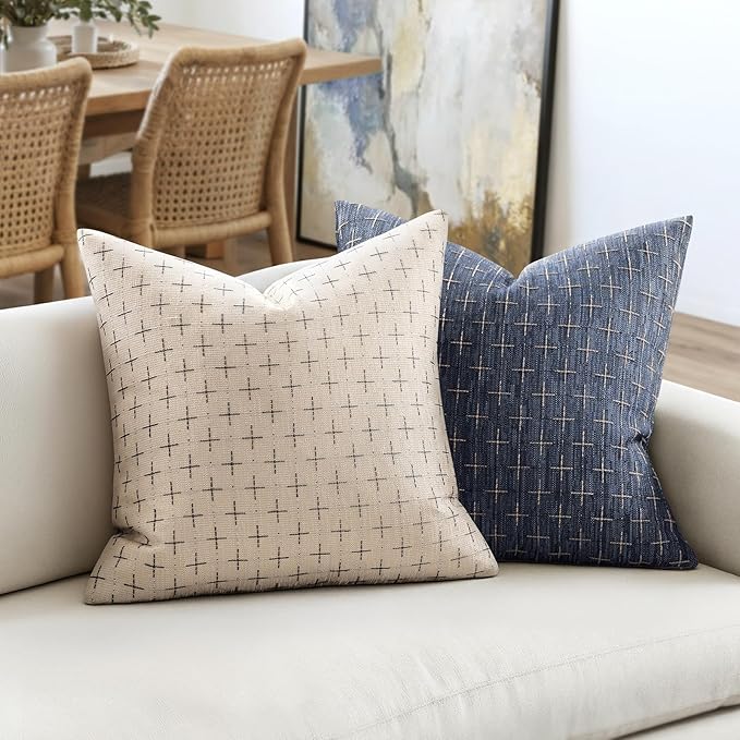 MIULEE Pack of 2 Decorative Burlap Linen Euro Sham Throw Pillow Covers for Sofa Couch Bed 24x24 Inch Modern Farmhouse Vintage Pillowcases Rustic Woven Textured Cushion Cover Blue
