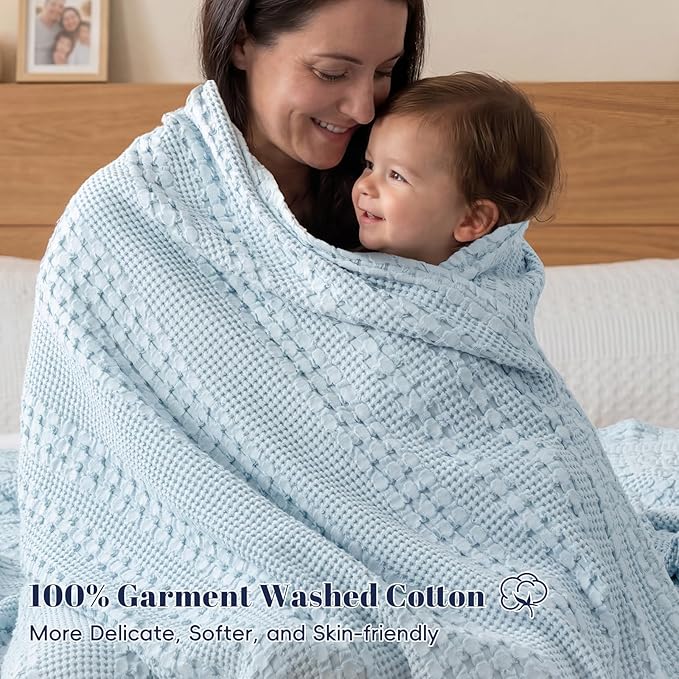 PHF 100% Cotton Waffle Blanket King Size for Bed, Lightweight Breathable and Soft for Summer, Luxury Aesthetic Waffle Weave Blanket for Home Decor & Gifts for Women, 108"x90", Sky Blue