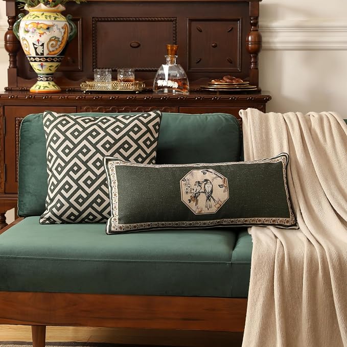 ISAENNE Vintage Linen Rectangle Throw Pillow Cover,Set of 2,28"x12"-Murad E | Designer French Green Pillow Cover,Concealed Zipper Design,Floral and Bird Pattern,Sofa,Bedroom,Living Room,Lounge Chairs