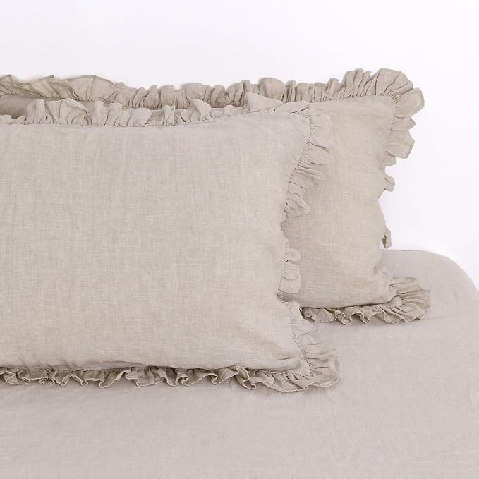 Linen Ruffled Pillow Cases,100% French Natural Linen Pillowcase Set of 2,Ruffled Linen Pillow Shams,Decorative Boho Pillow Cases Ruffle Bedding Standard Size (20''x30''),Natural Linen