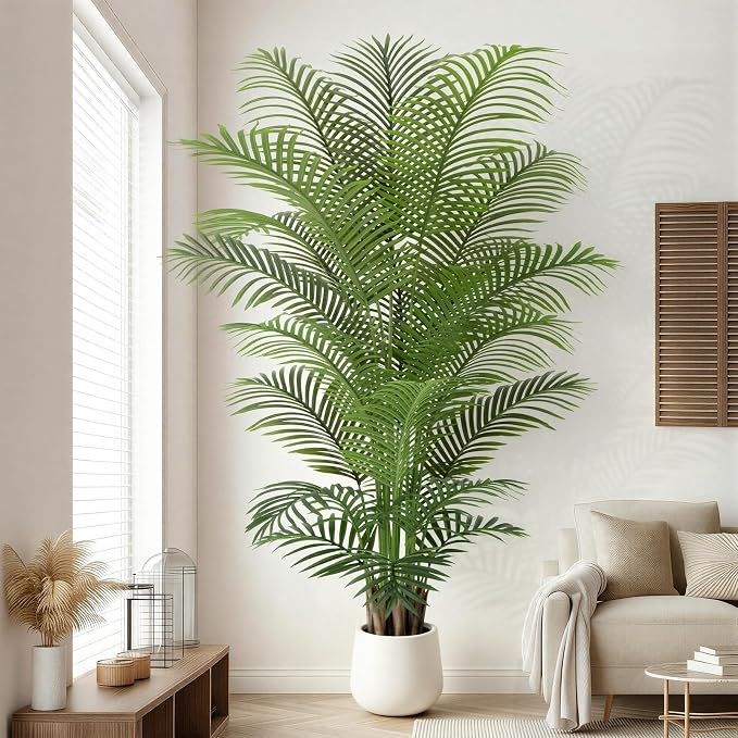 7ft Artificial Palm Tree Tall Faux Palm Tree Indoor Large Fake Plants with 21 Trunks Artificial Plants with White Pot Lifelike Leaves for Home Office Decor Living Rooms Bedrooms