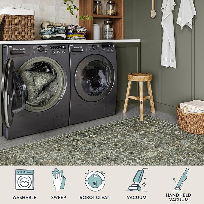 Lahome Sage Green Area Rug 6x9, Machine Washable Rugs for Living Room, Boho Vintage Soft Bedroom Carpet for Dining Room Nursery Apartment Office, Dark Green | Vintage Non Slip Non Shedding Soft Carpet for Bedroom Dining Room Nursery