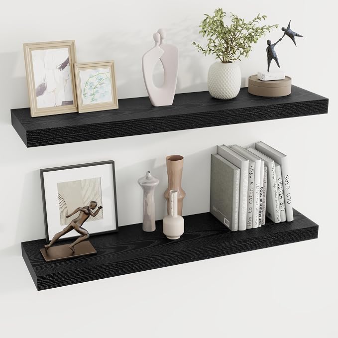 Dreamland 36Inch Black Floating Shelves 8" Deep Wall Mounted Set of 2 | Wall shelves for bathroom, bedroom, kitchen, deep wall mount wood storage display for home decor 36" x 8"