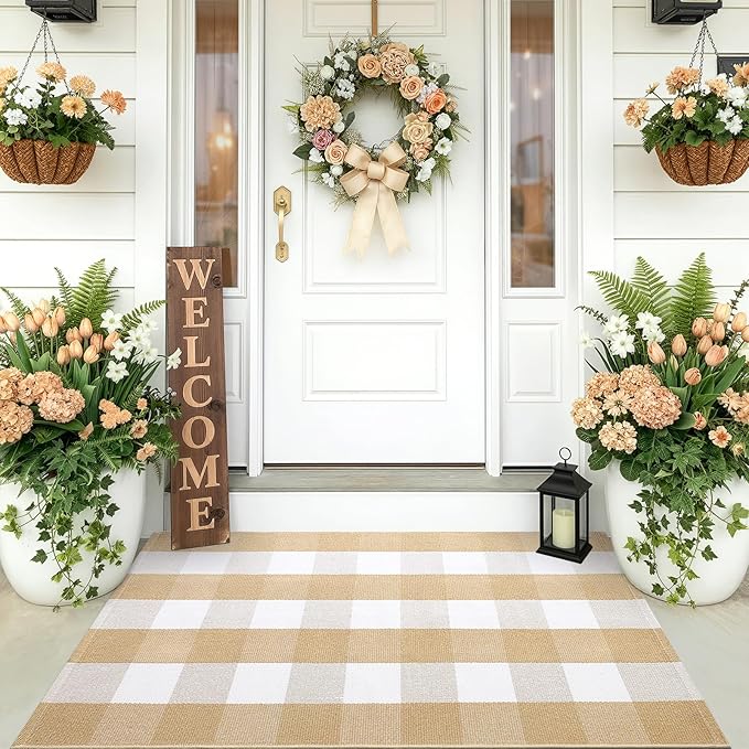 OLANLY Buffalo Plaid Rug 2' x 3' (24" x 36") – Beige and White Cotton Checkered Doormat, Washable Indoor Outdoor Rug for Layered Front Porch, Kitchen, Entryway Decor