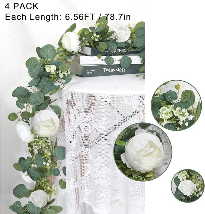 SOMYTING Artificial Flower Garland, Artificial Rose Vine Fake Flower Garland Silk Rose Peony Hanging Vine Faux Floral Garlands for Wedding Party Arch Table Wall Backdrop Decoration (White, 4PCS)
