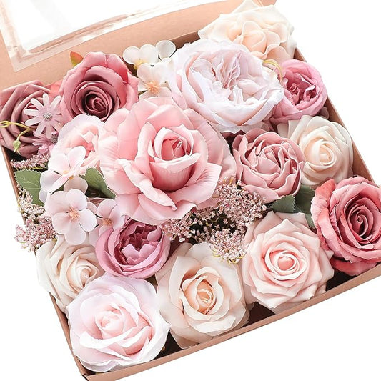 Floroom Dusty Rose Cream Artificial Flowers Fake Roses Peonies and Greenery Combo Box Set for DIY Wedding Bouquets Bridal Shower Centerpieces Floral Arrangements Party Tables Home Decorations