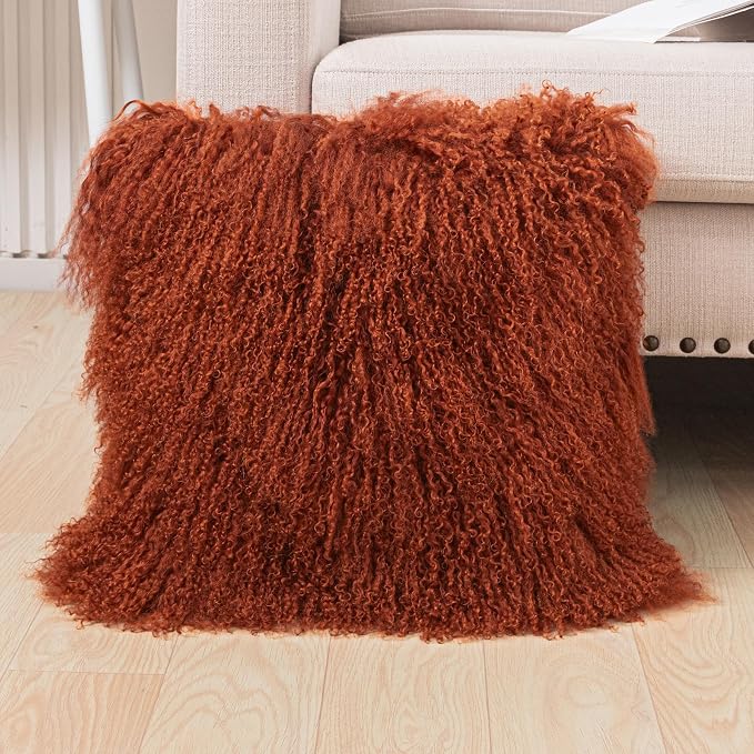 Real Tibetan Mongolian Lamb Fur Throw Pillow Cover Sheepskin Wool Fur Decorative Pillow Case Cushion Cover,Caramel, 18''x18''
