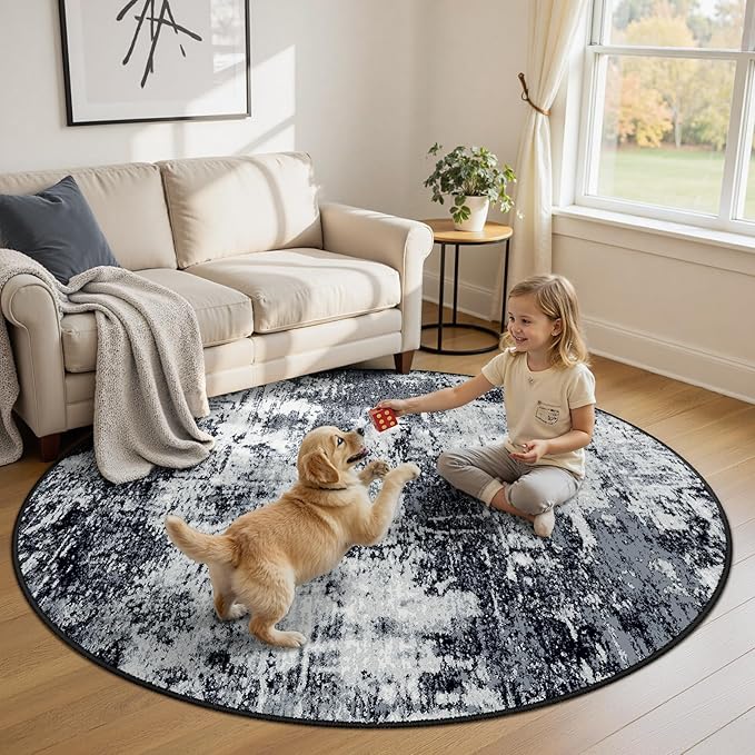 RELEANY Washable Area Rugs 6ft Non-Slip Modern Abstract Soft for Living Room Entryway Bedroom Nursery, Print Pattern, Black Navy Blue Gray