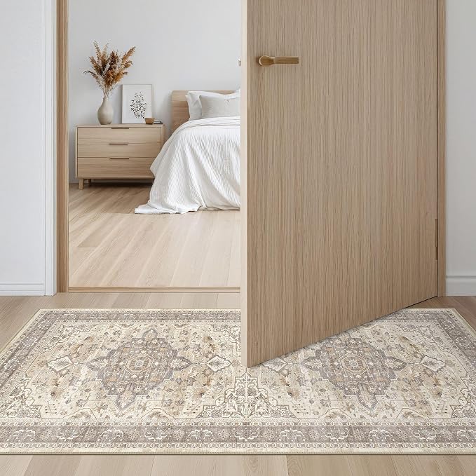 2x4 Rug Washable Runner Rug: Small Vintage Neutral Non-Slip Soft Accent Doormat Stain Resistant Floor Throw Mat for Entryway Kitchen Bedroom Nursery Entry Dorm- Brown