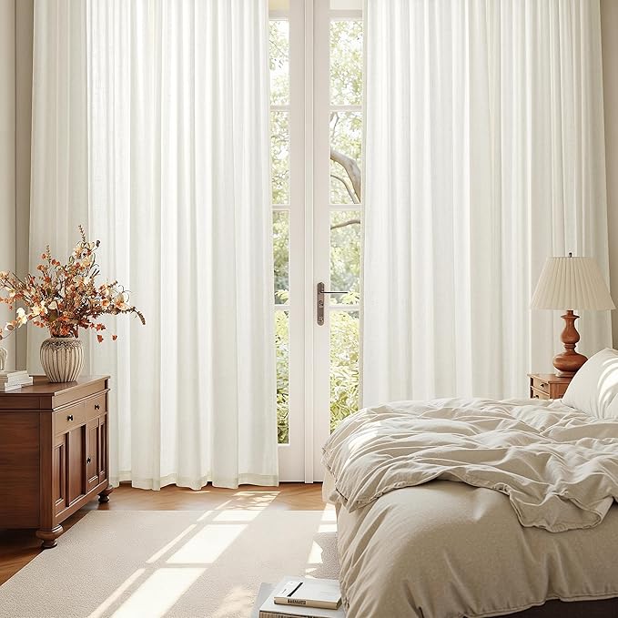 Nanspring Cream Linen Curtains 90 Inches Long 2 Panels for Bedroom, Natural Living Room Light Filtering Windows with Back Tab, Semi Sheer & Privacy Added Farmhouse Style for Living Room, W50 x L90