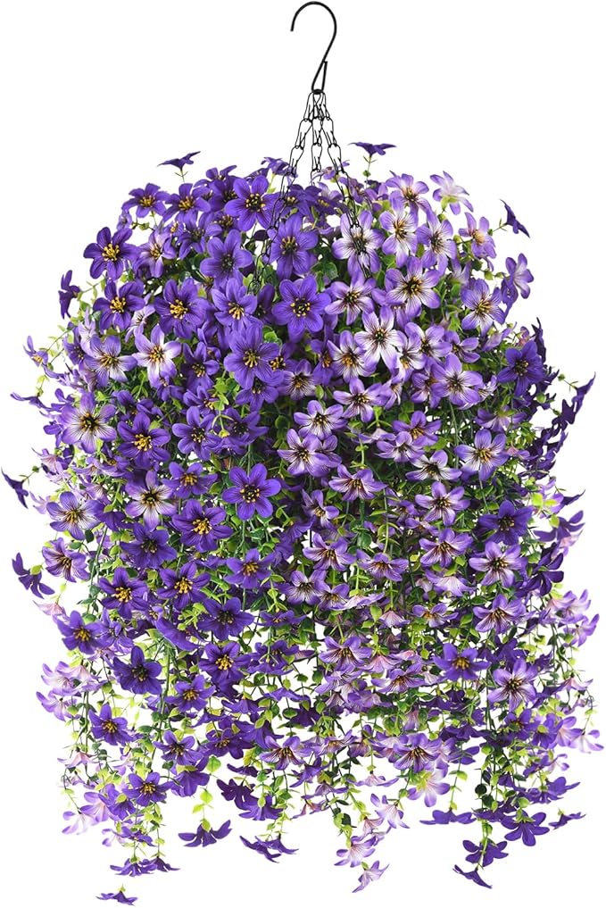 INQCMY Artificial Fake Hanging Plants Flowers Basket for Spring Outdoor Outside Decoration,UV Resistant Faux Silk Flower in Planter for Home Patio Porch Balcony Garden Yard Decor(Mixed Color)