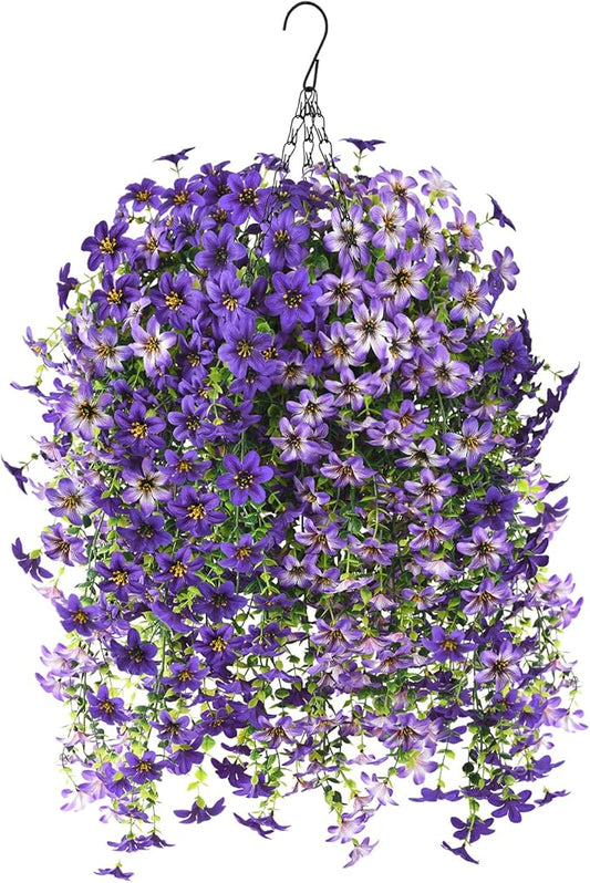 INQCMY Artificial Fake Hanging Plants Flowers Basket for Spring Outdoor Outside Decoration,UV Resistant Faux Silk Flower in Planter for Home Patio Porch Balcony Garden Yard Decor(Mixed Color)