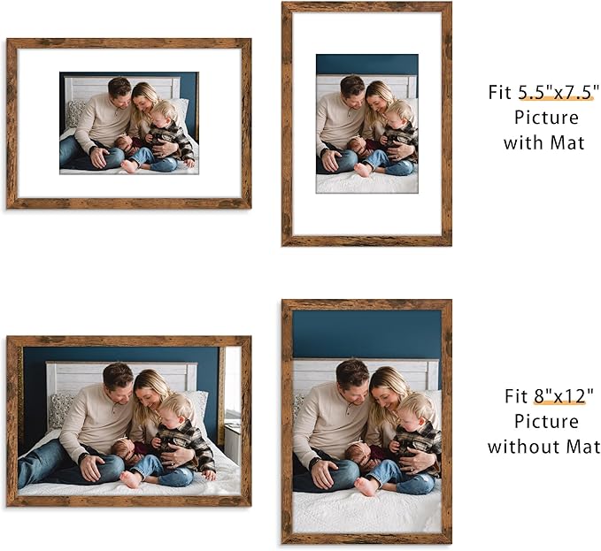 Picrit 8x12 Picture Frame Set of 12, Display 6x8 with Mat or 8x12 without Mat, Photo Frames for Wall Mounting or Table Top Display, Brown
