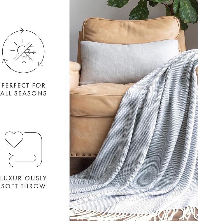 Linen Market Beddings Elevate Your Comfort with Herringbone Throw Blanket - Luxurious Woven Ultra Soft Acrylic - Sized 50" W x 60" L - Fringed Edges - Lightweight Layer for Bed or Sofa (Dusk Blue)
