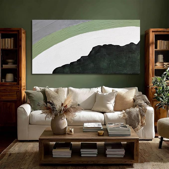 GAIDUOMAI Large Textured Wall Art Green Wall Decor Green and White Geometric Abstract Canvas Wall Art for Bedroom Neutral Artwork for Living Room 29"x 58"