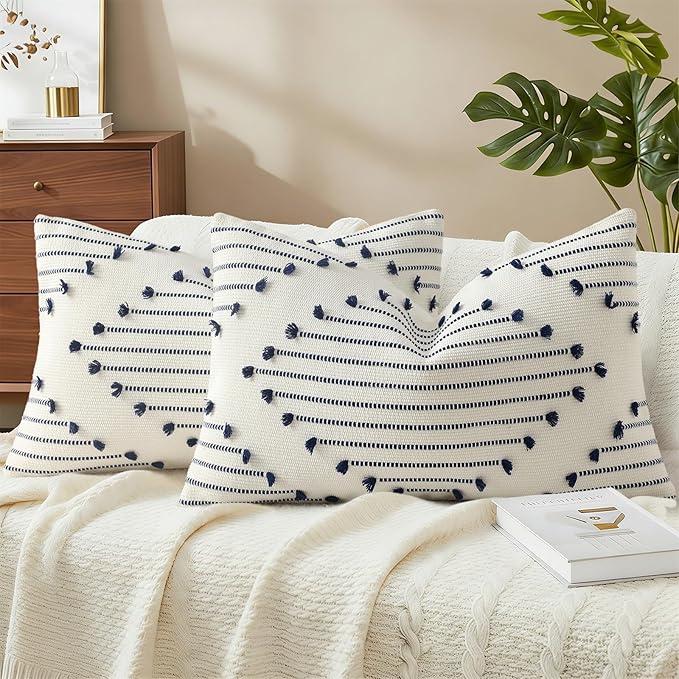 Mecatny Boho Outdoor Throw Pillow Covers 12X20 Set of 2, Farmhouse Lumbar Pillow Covers for Couch Sofa Living Room, Navy & Cream White