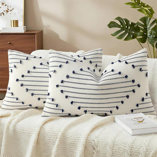 Mecatny Boho Outdoor Throw Pillow Covers 12X20 Set of 2, Farmhouse Lumbar Pillow Covers for Couch Sofa Living Room, Navy & Cream White