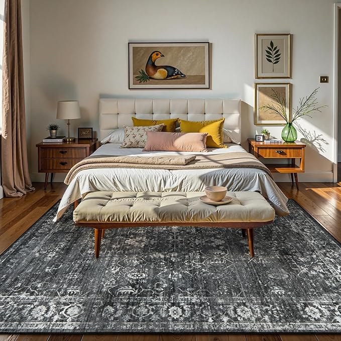 Lahome Margot 6x9 Area Rugs Washable Rugs for Bedroom Large Black Area Rug for Bedroom,Soft Vintage Distressed Rug Non Slip Stain Resistant Indoor Carpet for Dining Decor