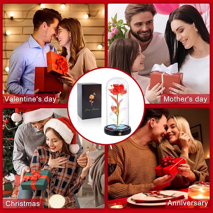 Mothers Day Flowers Gifts for Mom Women Birthday Gift, Rechargeable Galaxy Glass Rose in Glass Dome Forever Crystal Rose Flowers Mother's Day Roses Gifts for Mom Daughter Wife Women Grandma Sister Red