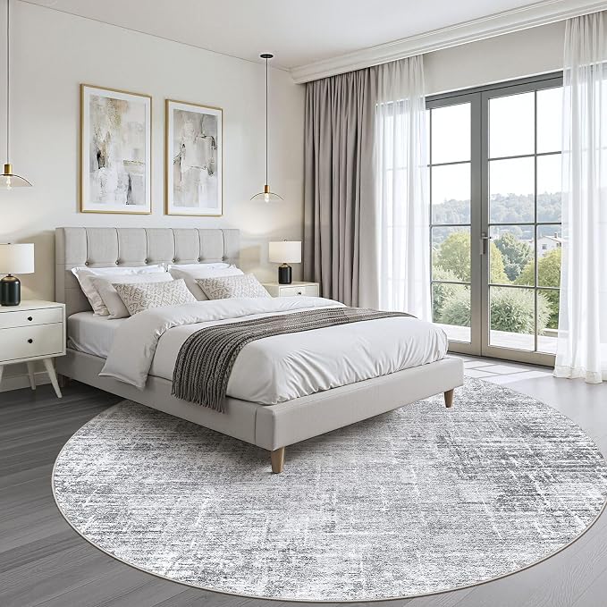 8ft Round Rug Living Room: 8x8 Washable Large Neutral Grey Circle Area Rug Abstract Soft Modern Stain Resistant Indoor Floor Non-Slip Carpet for Bedroom Nursery Kids Office Playroom Dining Room
