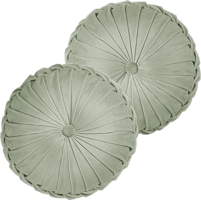ROSE&RISY Round Pleated Velvet Throw Pillows, 2 Pack Decorative Accent Pumpkin Pillows Cushion for Couch Sofa Bed, Soft Plush Retro Vanity Throw Pillows for Home Decor, 14.5 Inch, Sage Green