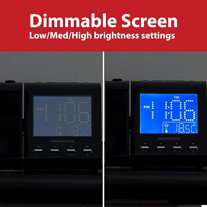 Magnasonic Projection Alarm Clock with AM/FM Radio, Battery Backup, Auto Time Set, Dual Alarm, Nap/Sleep Timer, Indoor Temperature/Date Display with Dimming & 3.5mm Audio Input - White (EAAC601W)