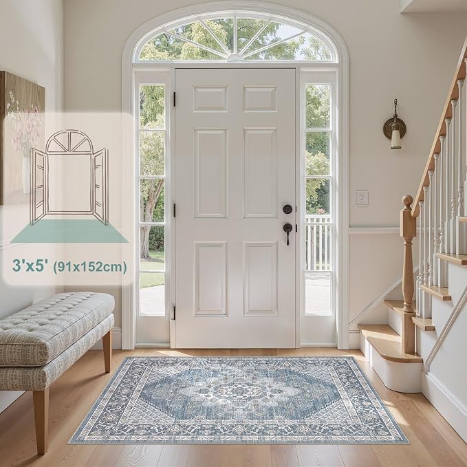 Tortania Area Rug Living Room Rugs - 3x5 Washable Rug Vintage Oriental Distressed Farmhouse Small Thin Indoor Carpet for Living Room Bedroom Under Dining Table Home Office - Blue