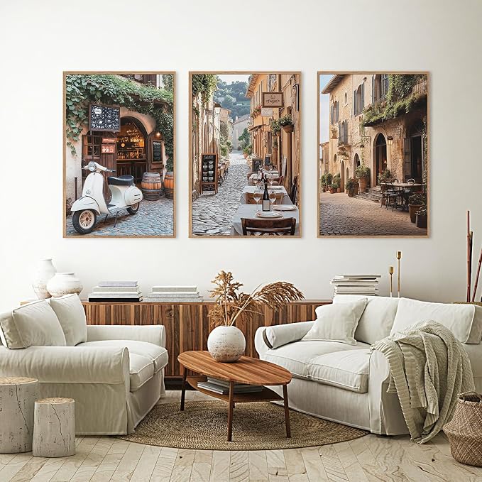 SIKERIC Vintage Italy City Landscape Wall Art Set of 3, Modern Minimalist Europe Street Framed Canvas Art Prints, Country Farmhouse Wall Decor for Living Room, Bedroom, Office - 16 x24inch