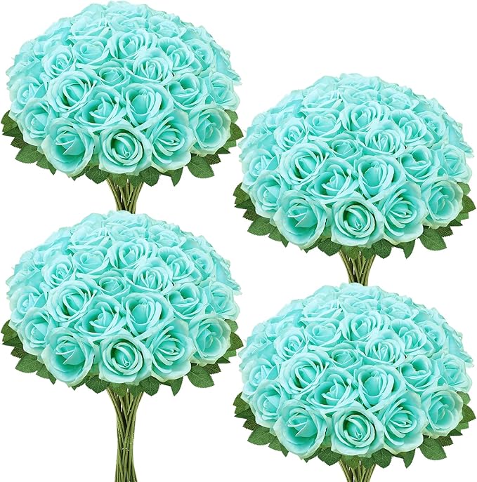 36 Pcs Turquoise Artificial Roses with Long Stems, Fake Silk Rose Artificial Flowers Bulk for Bridal Wedding Bouquet Centerpiece Ball Arrangement Party Decor