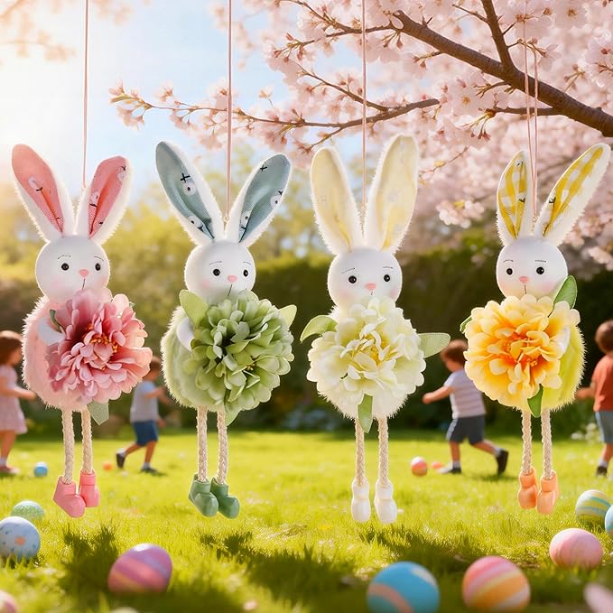 Eimilaly Easter Bunny Flowers Ornaments Spring Gnome for Home Decorations, Tomte Gnomes Set Ornaments for Garden or Rustic Theme Party Gnome Decor - 4PCS