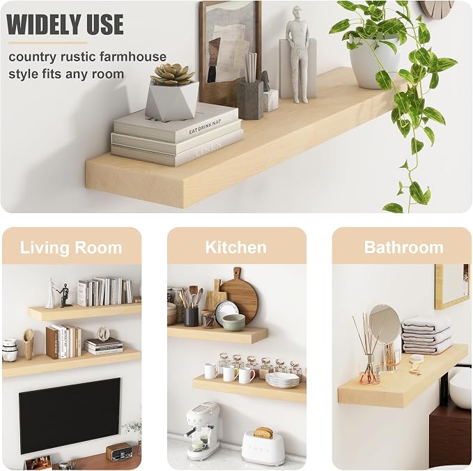Floating Shelves for Wall, USA-Sourced Maple Wood 30 Inch Wall Shelves Set of 2, Natural Wooden Mounted Picture Ledge Shelf, Nursery Book Storage Shelf Kids Bookshelf Display, Shelf for Bathroom