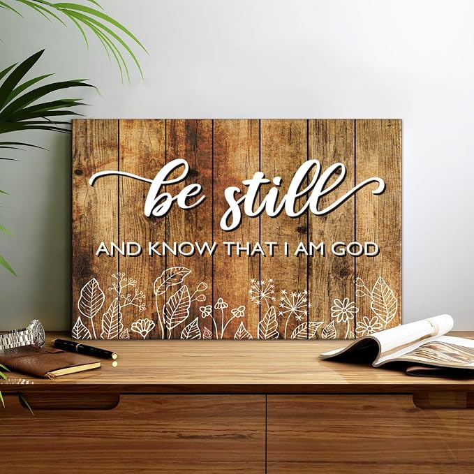 Rustic Country Brown Bible Verse Wall Art Be Still and Know That I Am God Christian Picture Inspirational Canvas Prints Boho White Plant Scripture Poster for Living Room Office Home Decorations 16x24"